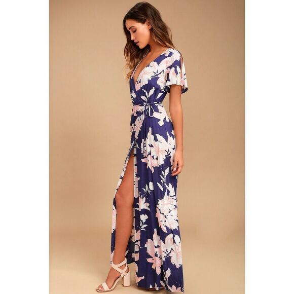 Lulus Azalea Regalia Navy Blue Floral Print Wrap Maxi Dress - Picture 4 of 9